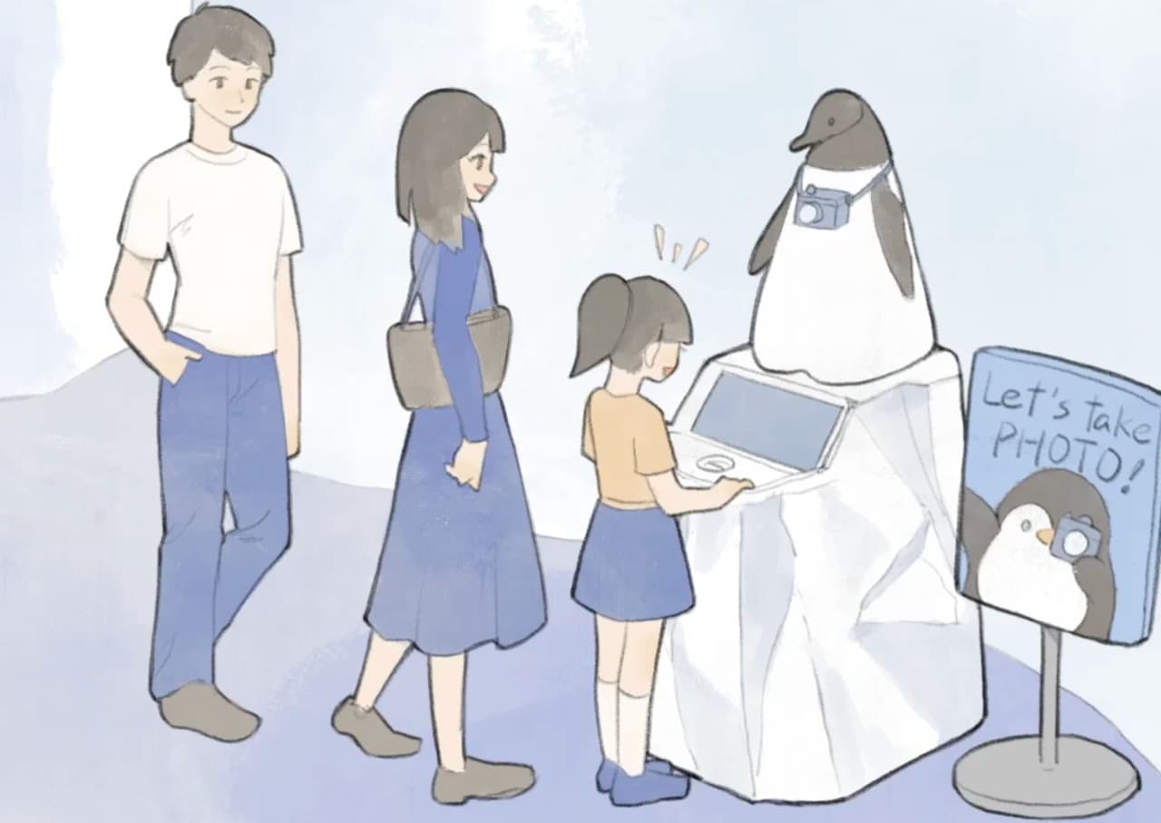 Illustration of visitors taking a photo with a penguin robot